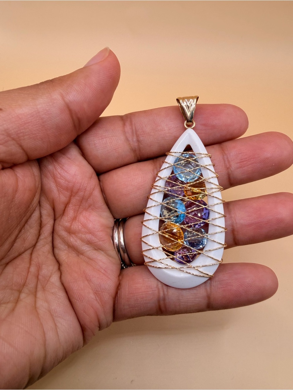 14k Yellow Gold White Agate Topaz Amethyst & Citrine Milor Italy Pendant.